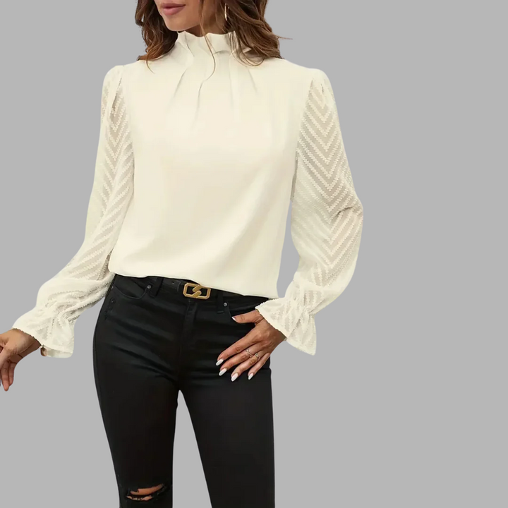 May Britt | Chic Pleated Top with Sheer Mesh Sleeves for Women
