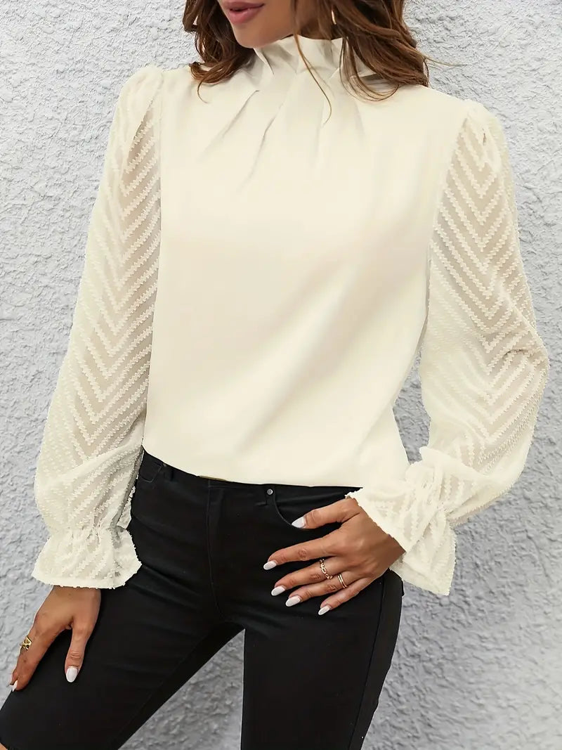 May Britt | Chic Pleated Top with Sheer Mesh Sleeves for Women