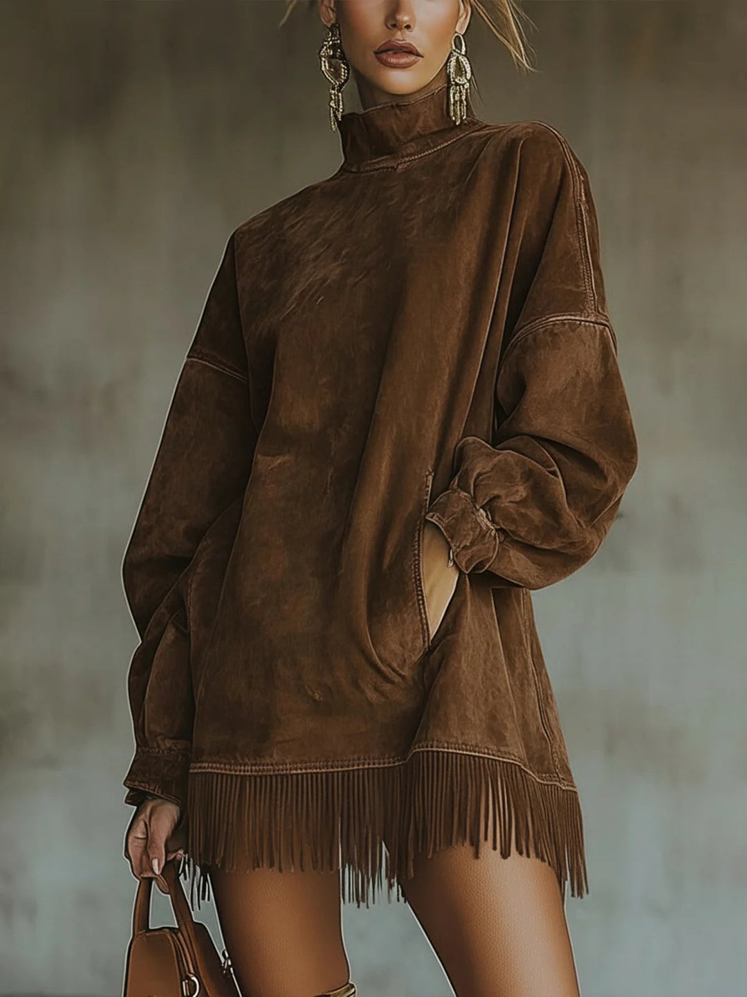 Nancy | Faux Suede Fringe Turtleneck Dress