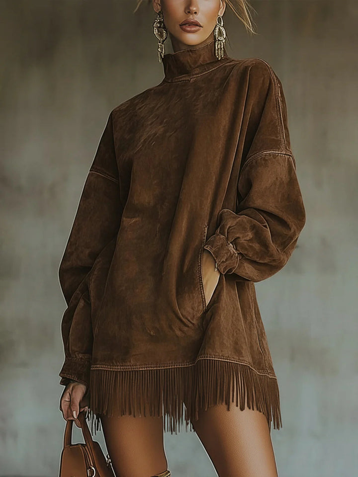 Nancy | Faux Suede Fringe Turtleneck Dress
