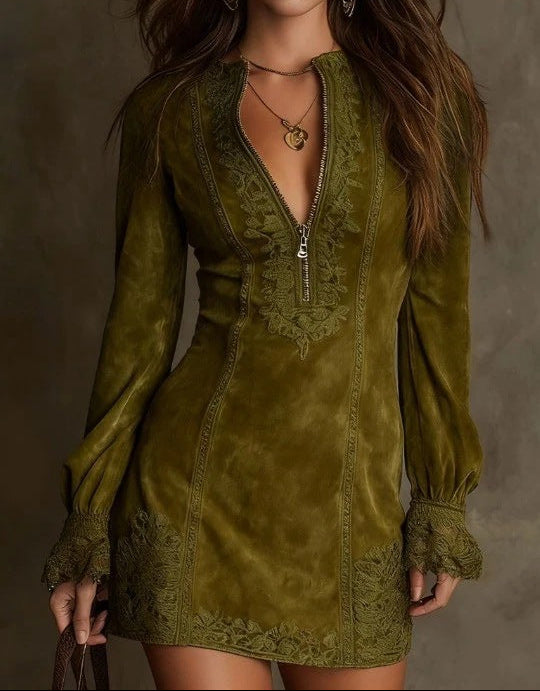 Jasmine | Blue Suede Mini Dress with Lace