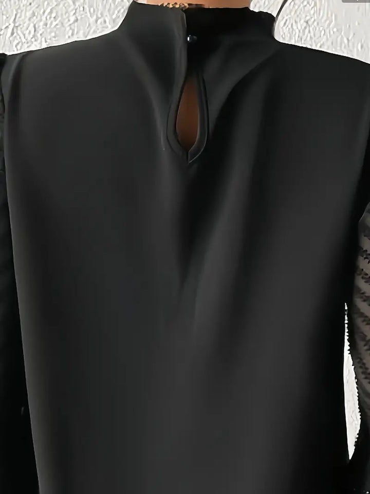 May Britt | Chic Pleated Top with Sheer Mesh Sleeves for Women