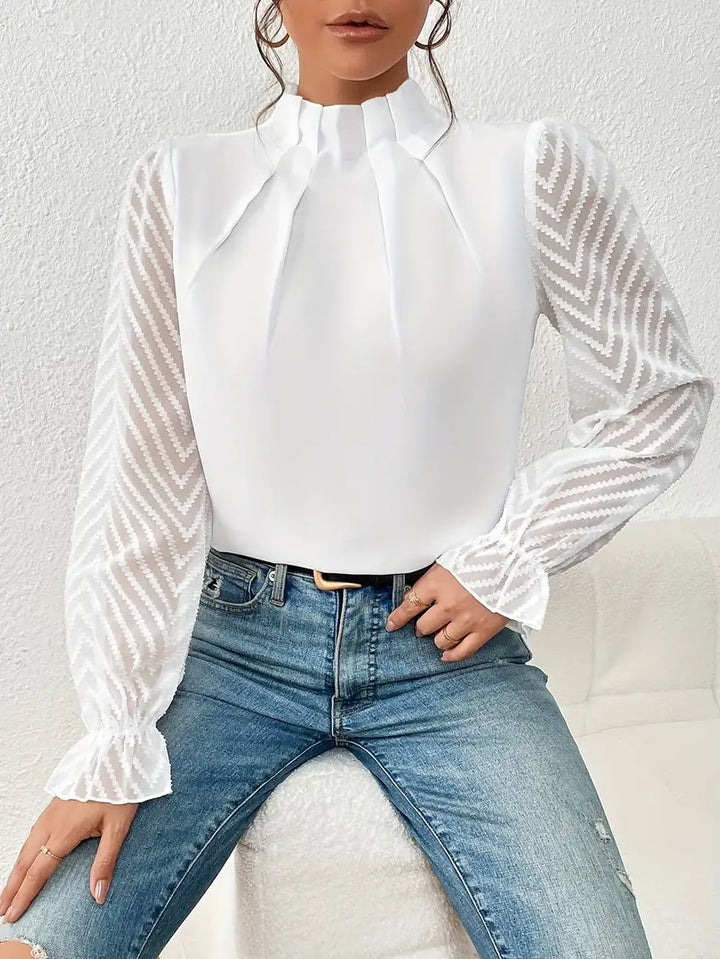 May Britt | Chic Pleated Top with Sheer Mesh Sleeves for Women
